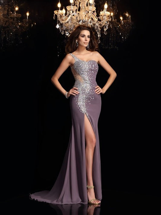 Sleeveless One-Shoulder Rhinestone Trumpet/Mermaid Long Chiffon Dresses