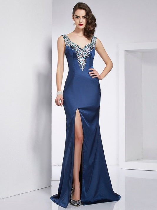 Beading Straps Trumpet/Mermaid Long Sleeveless Elastic Woven Satin Dresses