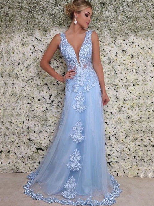 Floor-Length A-Line/Princess V-neck Sleeveless Applique Tulle Dresses