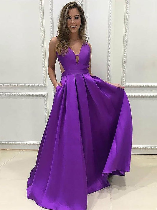 Train A-Line V-neck With Sweep/Brush Sleeveless Ruffles Satin Dresses