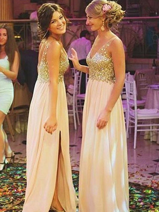 V-neck Sequin Floor-Length A-Line/Princess Sleeveless Chiffon Bridesmaid Dresses