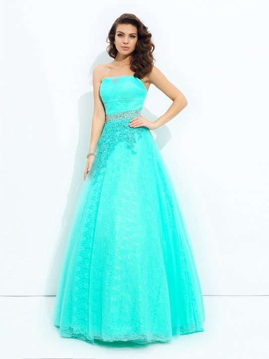 Sleeveless Long A-line/Princess Elastic Beading Strapless Woven Satin Dresses