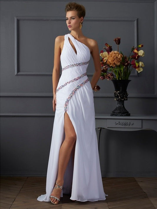 Sleeveless One-Shoulder Sheath/Column Beading Long Chiffon Dresses