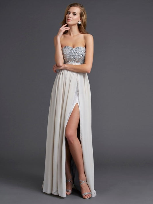 Sleeveless A-Line/Princess Rhinestone Sweetheart Long Chiffon Dresses