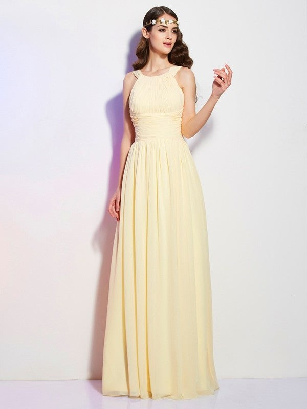 Bateau Long Pleats A-Line/Princess Sleeveless Chiffon Bridesmaid Dresses