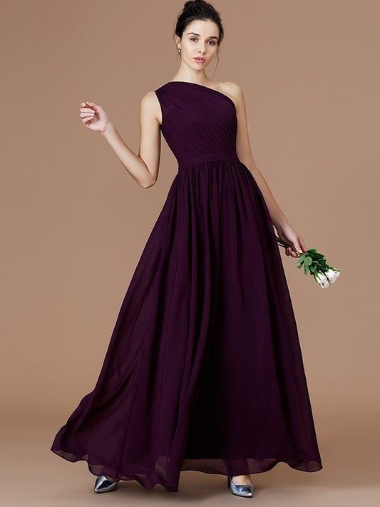 Ruched Floor-Length One-Shoulder A-Line/Princess Sleeveless Chiffon Bridesmaid Dresses