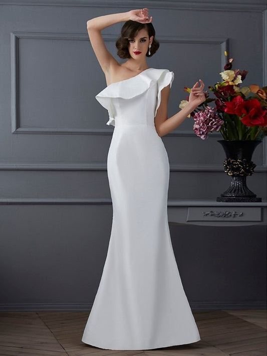 Sleeveless One-Shoulder Trumpet/Mermaid Ruffles Long Taffeta Dresses