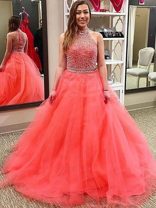 Sleeveless Gown Ball Beading Halter Floor-Length Tulle Dresses