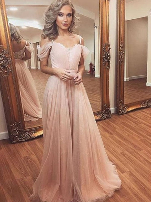 Tulle Sleeveless Ruched A-Line/Princess Off-the-Shoulder Sweep/Brush Train Dresses