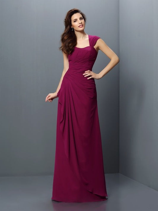 Pleats Sleeveless Straps A-Line/Princess Long Chiffon Bridesmaid Dresses