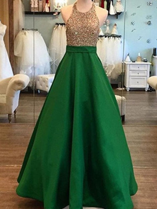 Floor-Length Sleeveless A-Line/Princess Halter Beading Satin Dresses