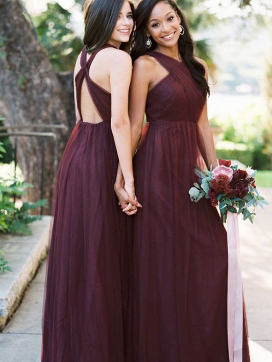 Halter Floor-Length Sleeveless A-Line/Princess Tulle Ruffles Bridesmaid Dresses