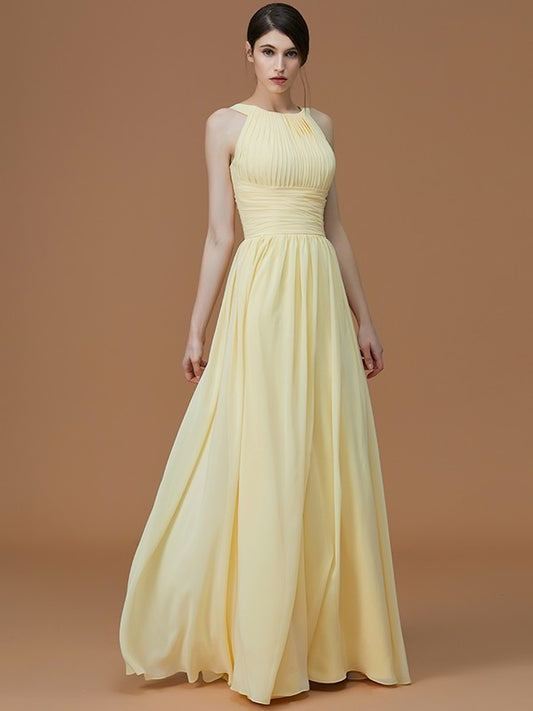 Floor-Length Halter A-Line/Princess Sleeveless Ruched Chiffon Bridesmaid Dresses