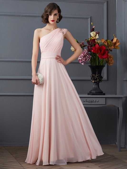 One-Shoulder Sleeveless A-Line/Princess Long Beading Chiffon Dresses