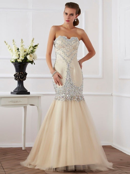 Sweetheart Beading Sleeveless Sheath/Column Long Satin Dresses