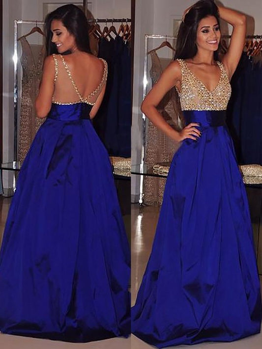 Sweep/Brush V-neck Train A-Line/Princess Sleeveless Beading Satin Dresses