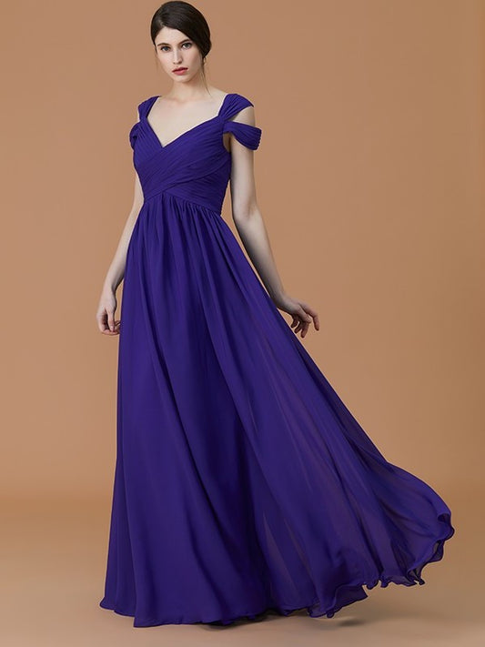 A-Line/Princess Off-the-Shoulder Floor-Length Ruched Sleeveless Chiffon Bridesmaid Dresses