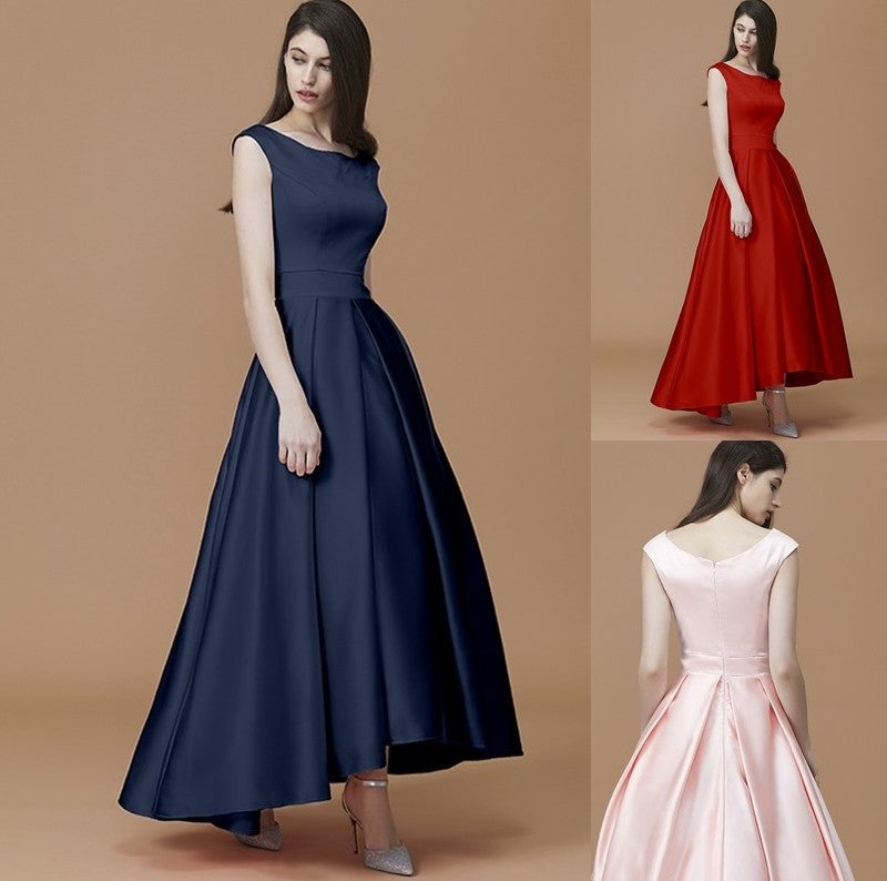 Asymmetrical Sleeveless A-Line/Princess Ruffles Bateau Satin Bridesmaid Dresses