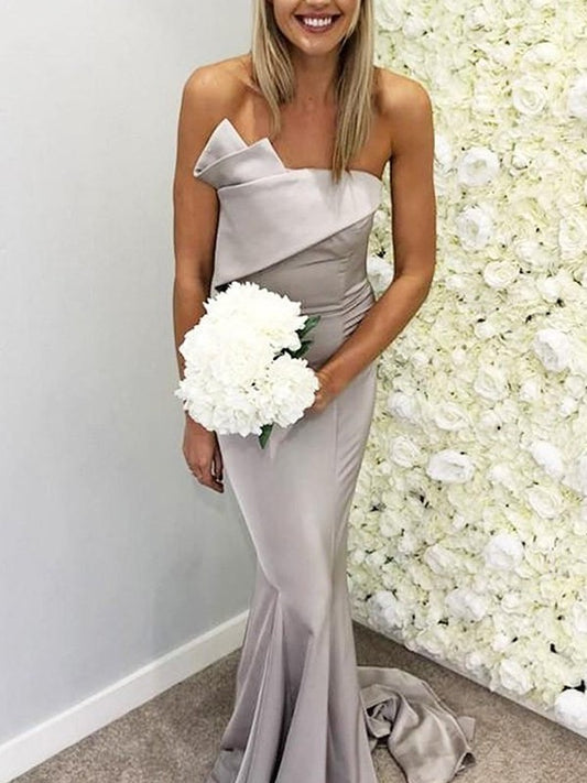 Sweep/Brush Sleeveless Strapless Satin Trumpet/Mermaid Ruffles Train Bridesmaid Dresses