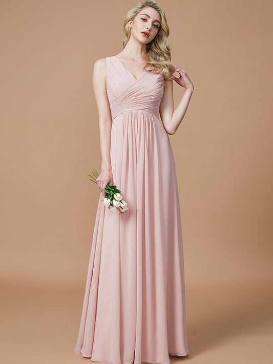 Floor-Length A-Line/Princess V-neck Ruched Sleeveless Chiffon Bridesmaid Dresses