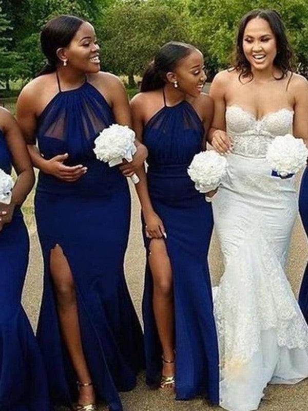 Satin Halter Trumpet/Mermaid Ruched Sleeveless Floor-Length Bridesmaid Dresses