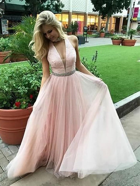 Sleeveless Floor-Length A-Line/Princess V-neck Beading Tulle Dresses