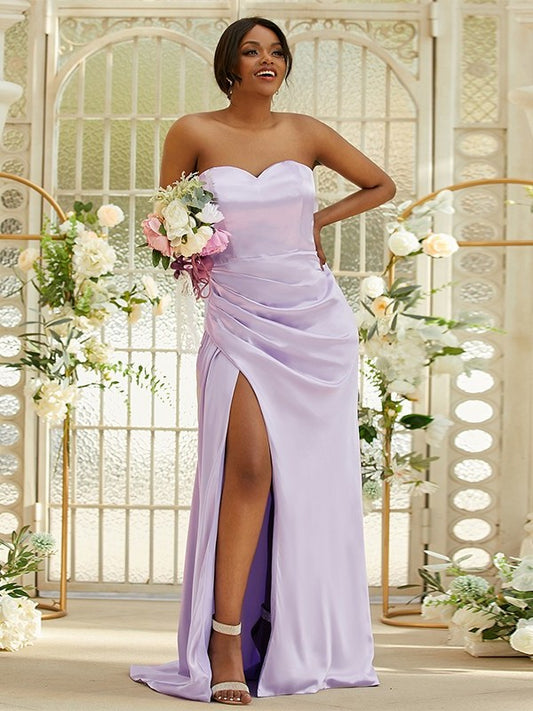 Sleeveless like Satin Silk Sweetheart Sheath/Column Sweep/Brush Ruched Train Bridesmaid Dresses