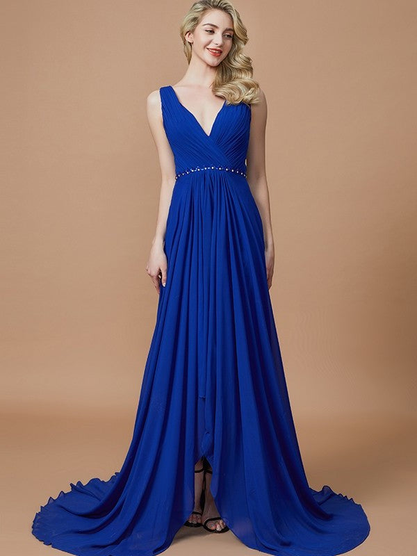 A-Line/Princess Sleeveless V-neck Sweep/Brush Chiffon Train Bridesmaid Dresses