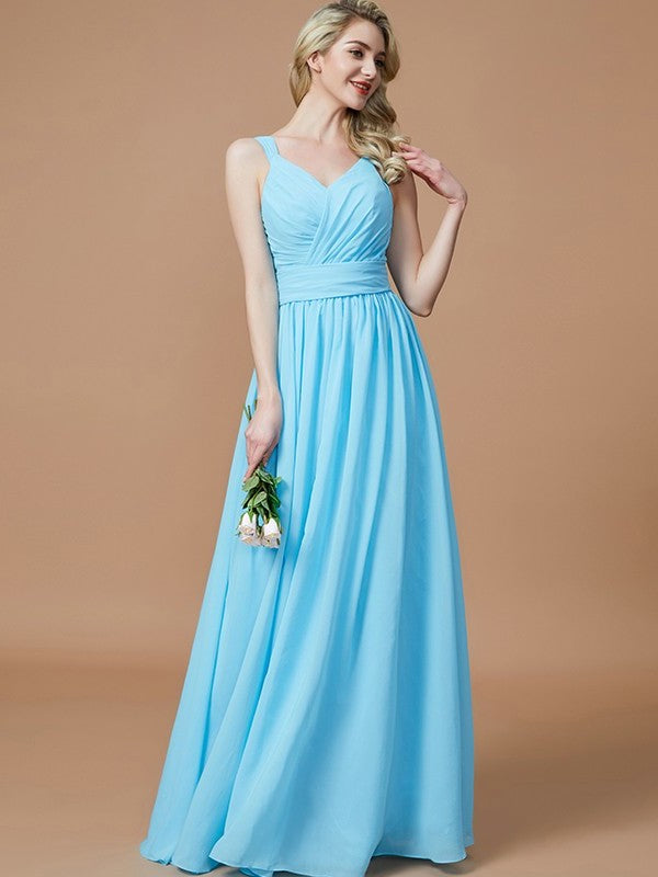 V-neck Floor-Length Chiffon A-Line/Princess Sleeveless Bridesmaid Dresses