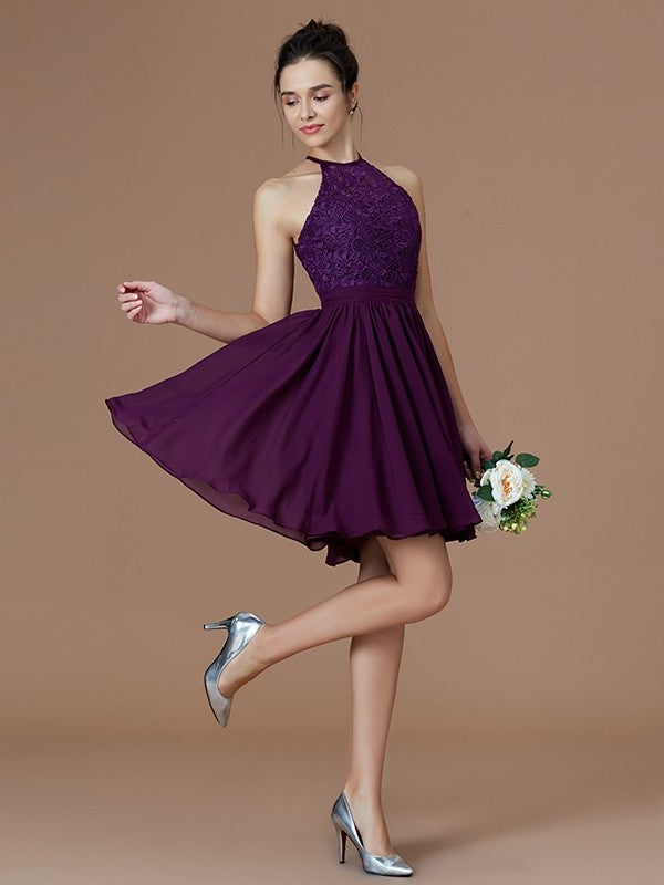 Short/Mini A-Line/Princess Sleeveless Halter Lace Chiffon Bridesmaid Dresses