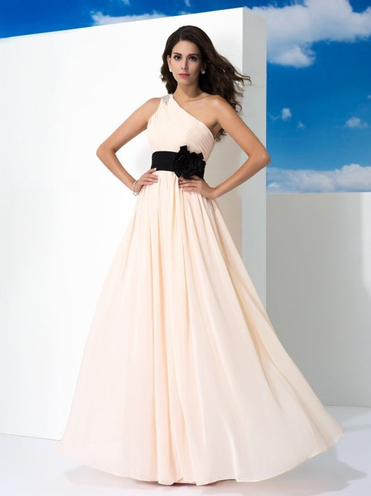 A-Line/Princess Sash/Ribbon/Belt One-Shoulder Sleeveless Long Chiffon Dresses