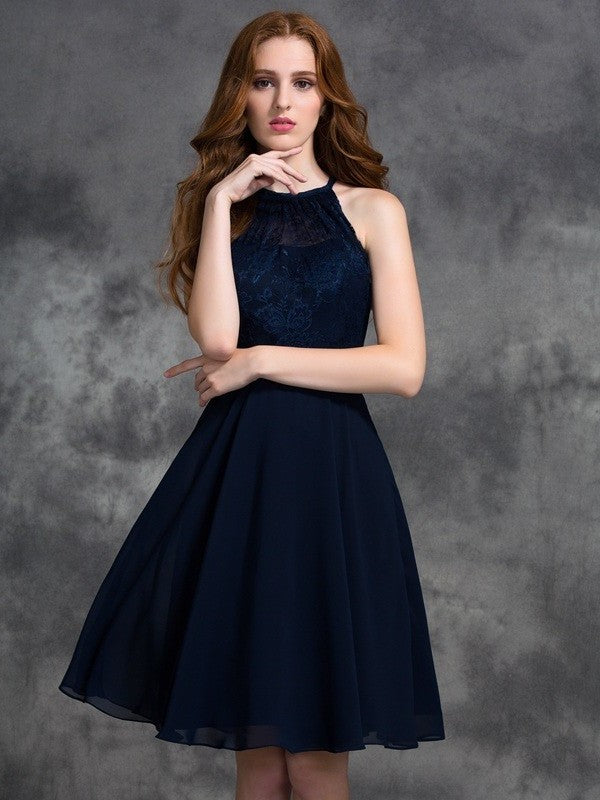 Short Lace A-line/Princess Sleeveless Halter Chiffon Bridesmaid Dresses