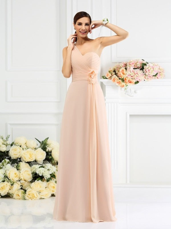 Pleats Sleeveless One-Shoulder Long A-Line/Princess Chiffon Bridesmaid Dresses