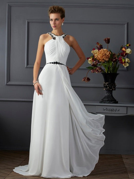 Neck Sleeveless A-Line/Princess Beading High Long Chiffon Dresses