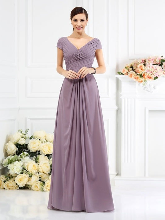 Long Pleats A-Line/Princess Short V-neck Sleeves Chiffon Bridesmaid Dresses