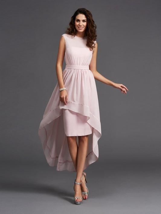 High Scoop Sash/Ribbon/Belt Sleeveless A-Line/Princess Low Chiffon Bridesmaid Dresses