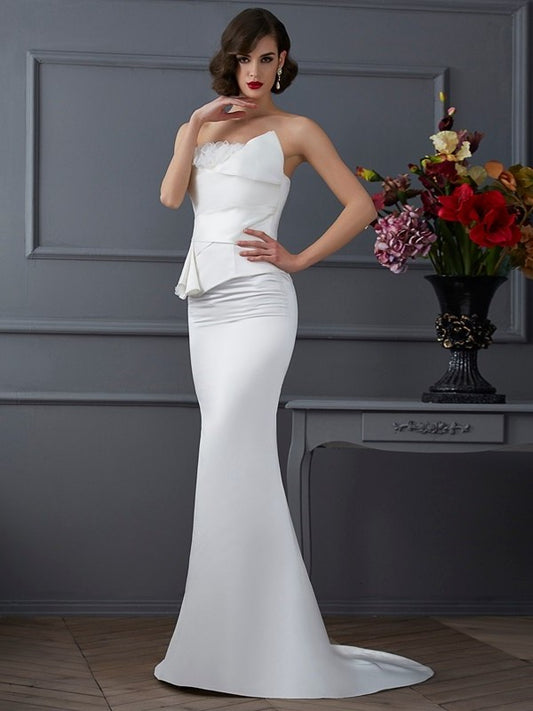 Strapless Hand-Made Trumpet/Mermaid Sleeveless Flower Long Satin Dresses