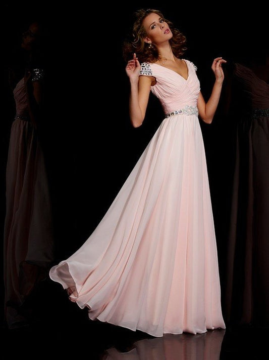 A-Line/Princess Sleeves V-neck Short Ruffles Long Chiffon Dresses