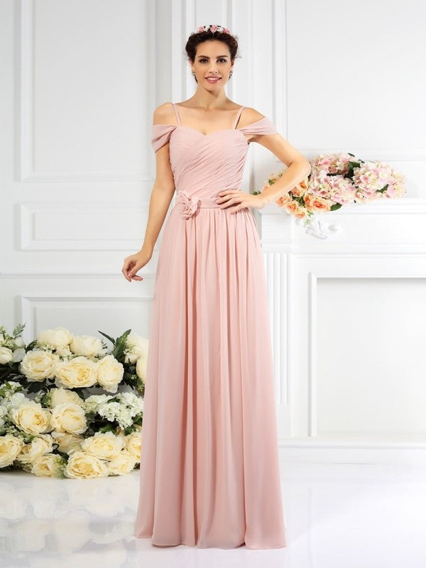 Sleeveless Long Straps Pleats A-Line/Princess Spaghetti Chiffon Bridesmaid Dresses