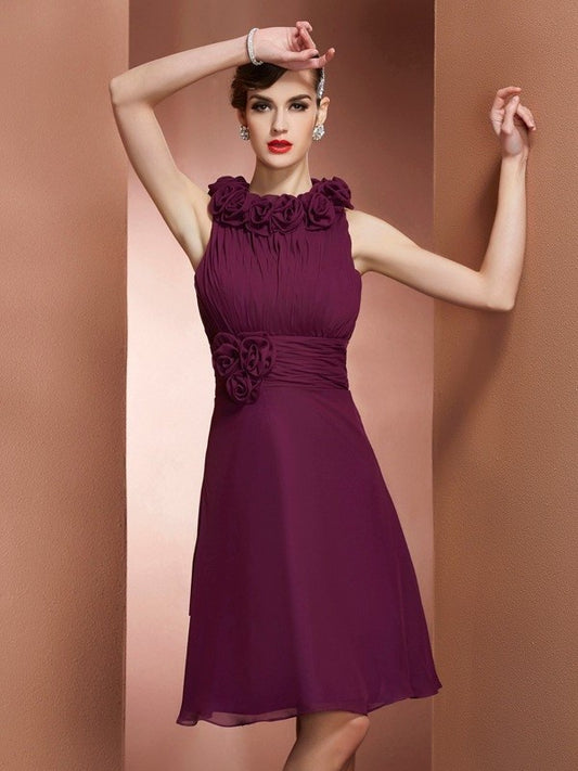 Hand-Made Sleeveless Neck High A-Line/Princess Short Flower Chiffon Bridesmaid Dresses