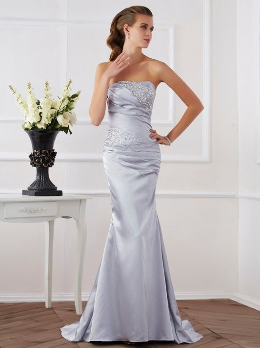 Elastic Trumpet/Mermaid Beading Long Strapless Woven Satin Dresses