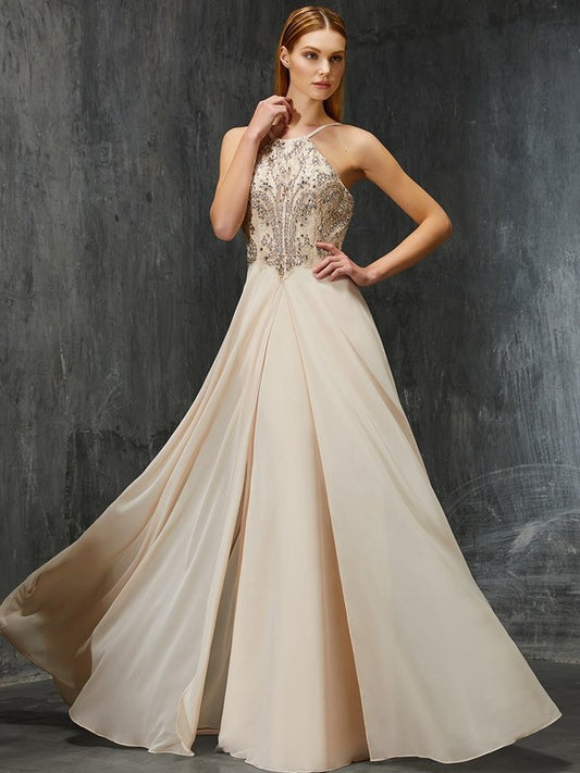 A-line/Princess Spaghetti Sweep/Brush Straps Sleeveless Beading Train Chiffon Dresses