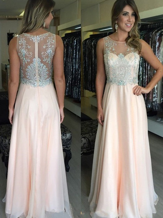 Scoop Sleeveless Beading A-Line/Princess Floor-Length Chiffon Dresses