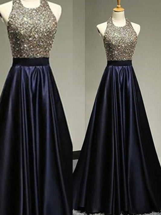 Satin Halter Sleeveless A-Line/Princess Floor-Length Beading Dresses