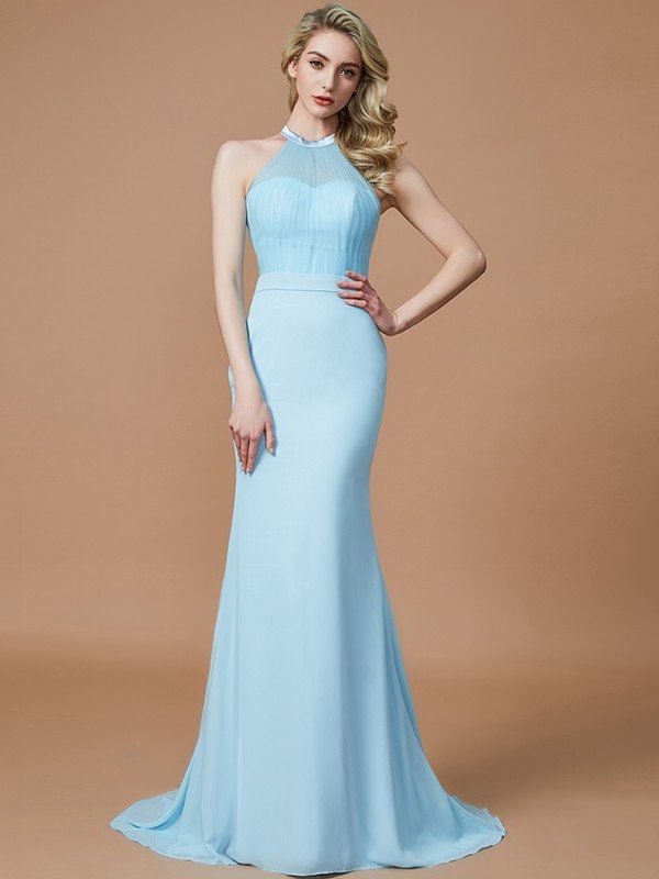 Trumpet/Mermaid Train Sweep/Brush Sleeveless Scoop Chiffon Bridesmaid Dresses