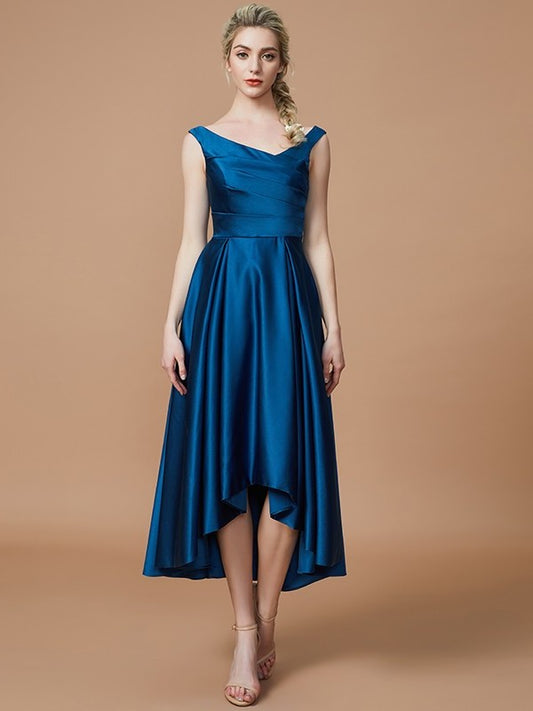 Satin V-neck Asymmetrical A-Line/Princess Sleeveless Bridesmaid Dresses