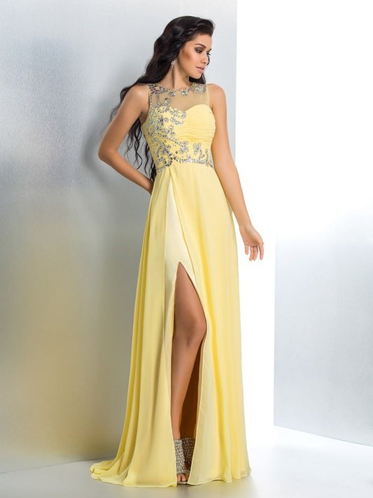 Neck Sheer A-Line/Princess Beading Sleeveless Long Chiffon Dresses