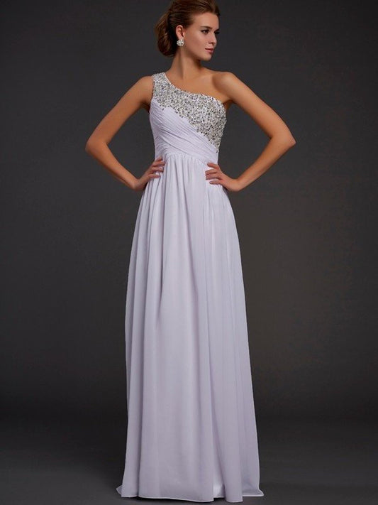 Sheath/Column Beading Sleeveless One-Shoulder Long Chiffon Dresses