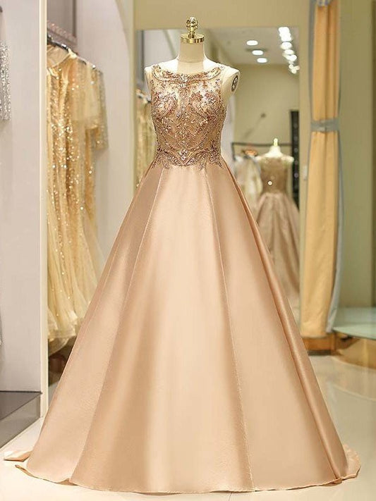 Ball Gown Sleeveless Sweep/Brush Bateau Train Beading Satin Dresses