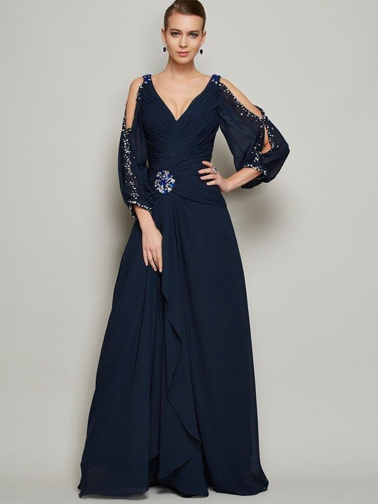 Beading V-neck Sleeves Long A-Line/Princess Long Chiffon Dresses